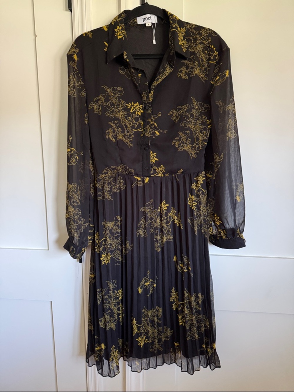 Poet Haiku Black & Gold Floral Pleated Shirt Dress
